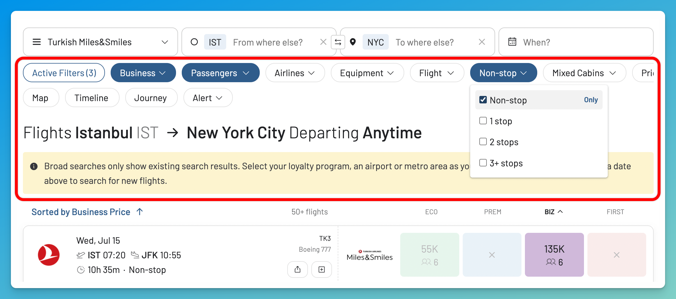 Filter Turkish Airlines award results by cabin, stops, passengers, aircraft, or flight number.
