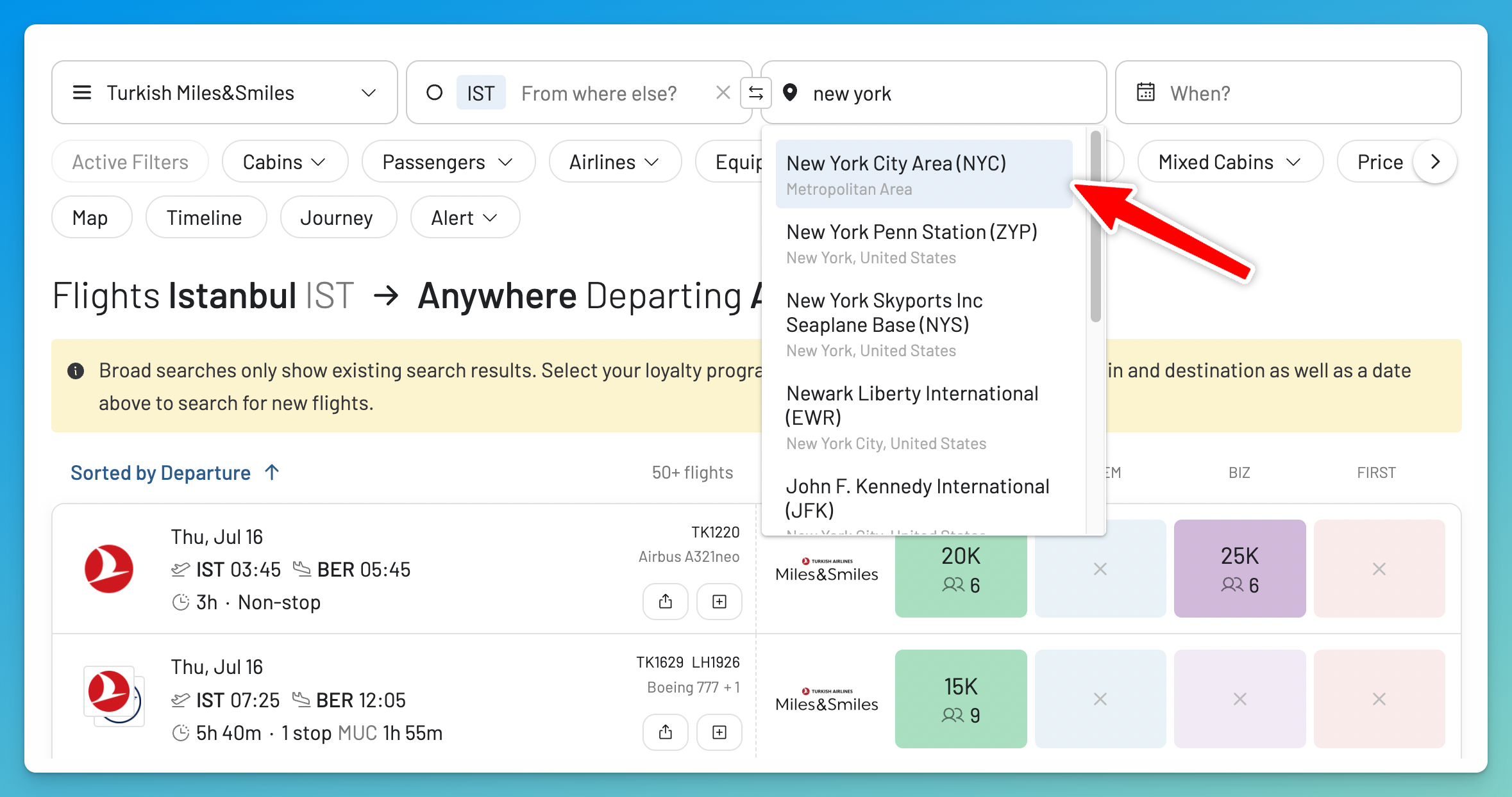 Select the origin and destination city to search for Turkish Airlines award flights.