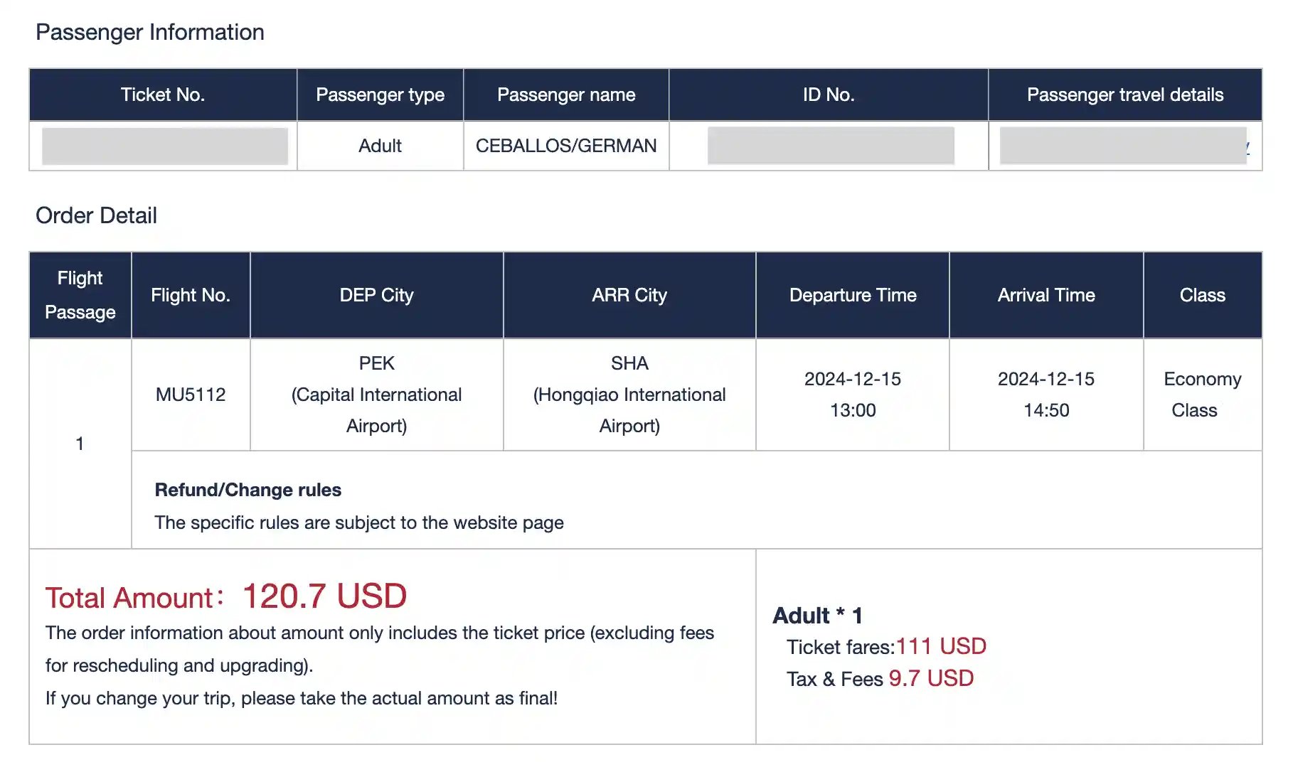China Eastern MU5112 de Pekín a Shanghái en Clase Económica por USD 120.