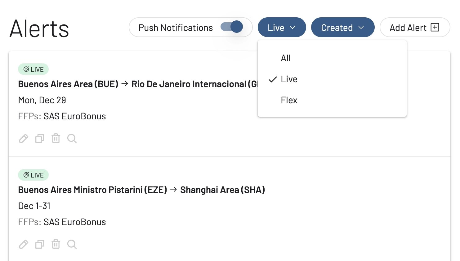 View all your Live Alerts in AwardFares.