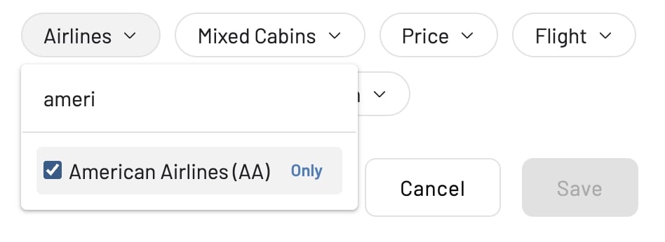 Filter award seat availability alerts by airline.