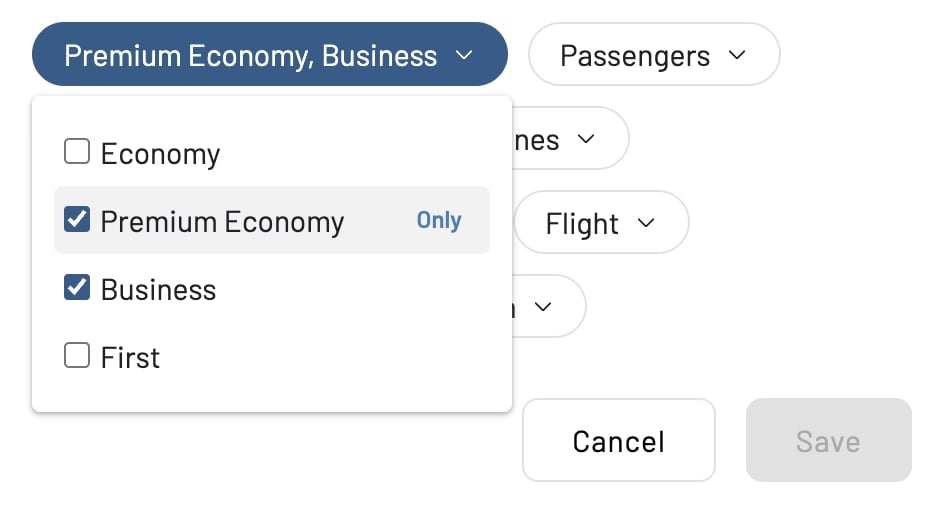 Filter award seat availability alerts by cabin class.