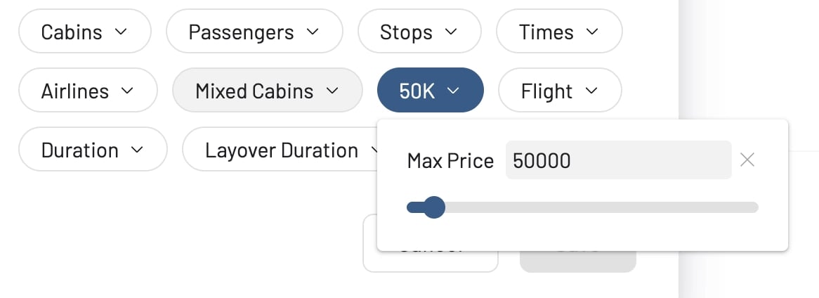 Filter seat availability alerts by award price.