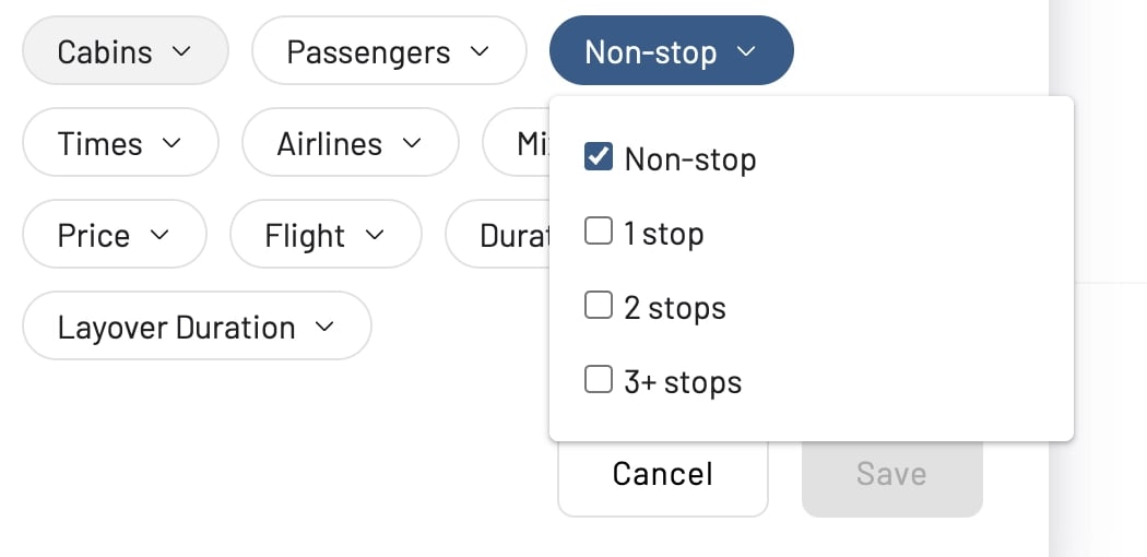 Filter award seat availability alerts by number of stops.