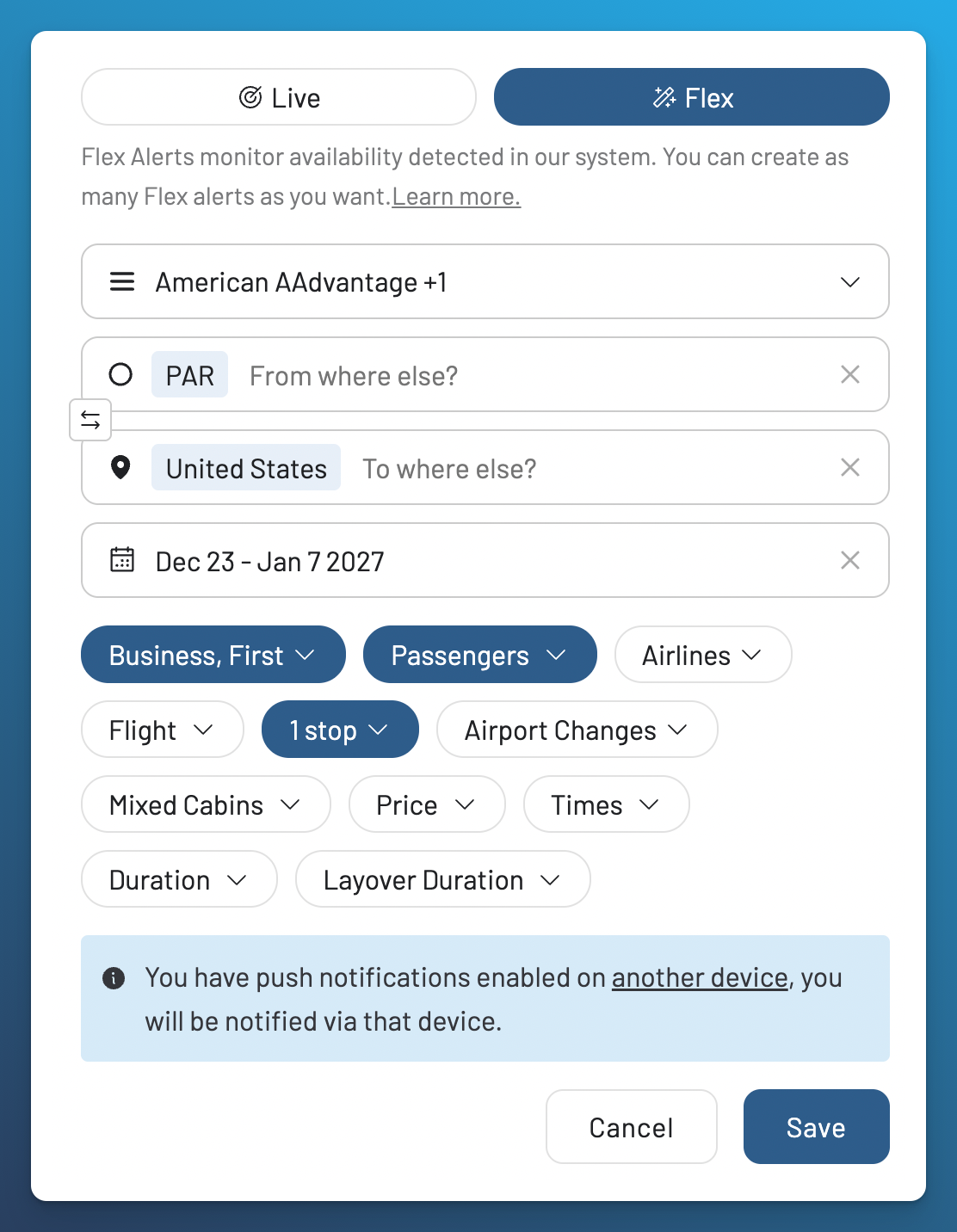 Review a completed Flex Alert from Paris to the United States before saving.