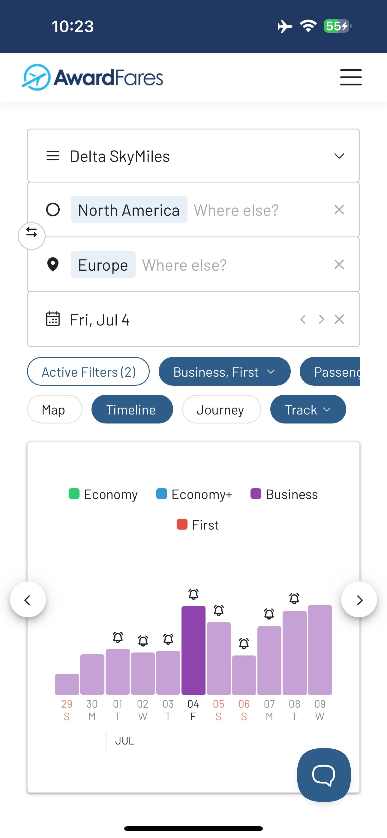 Results of an AwardFares Flex Alert.
