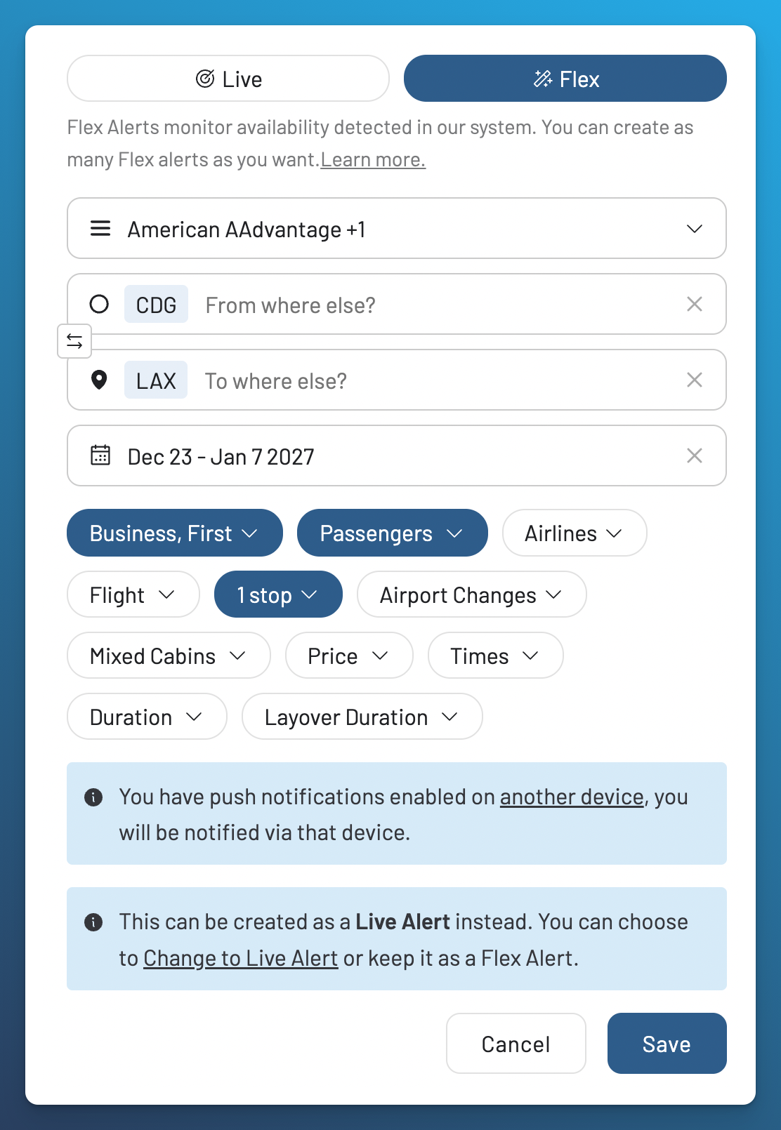 Flex Alert editor suggesting Live for an exact airport-to-airport search.