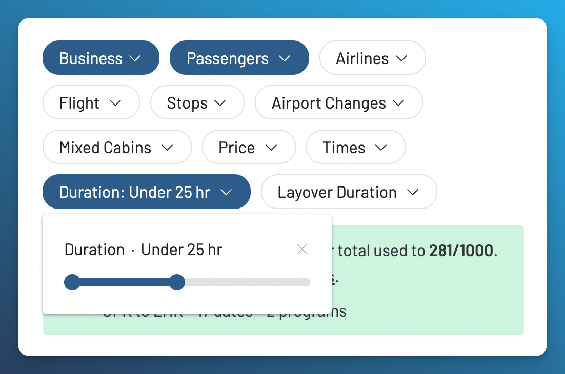 Apply Business Class, passenger and maximum-duration filters to a Live Alert.