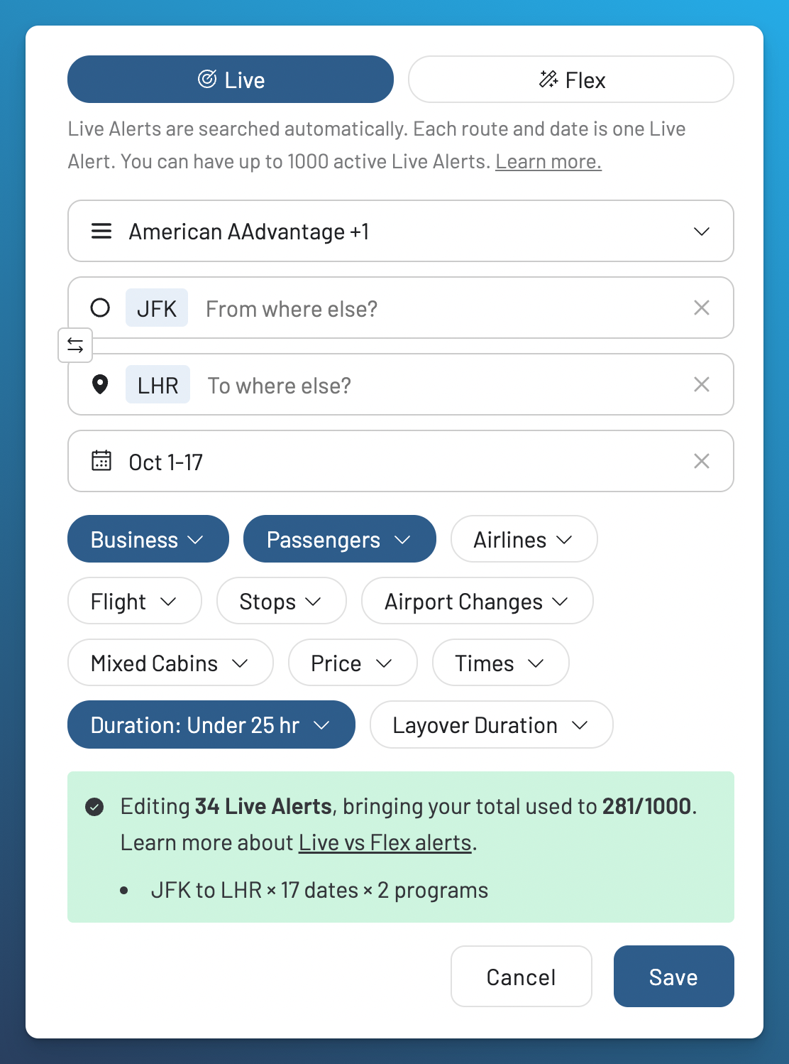 Review a completed JFK to London Live Alert and its usage summary before saving.