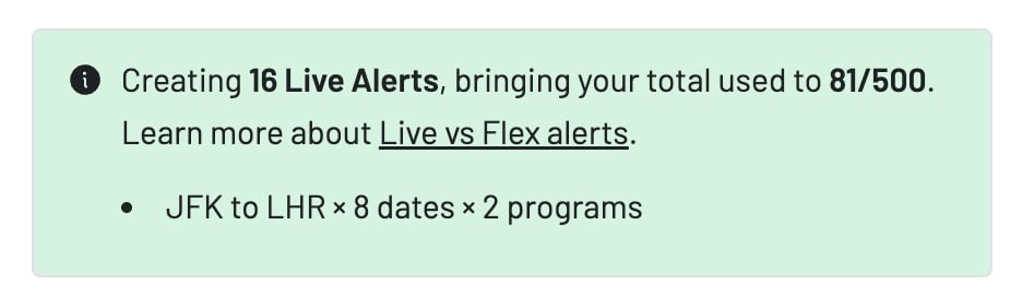 Summary of how many Live alerts will be created in AwardFares, showing the user's tier limit.