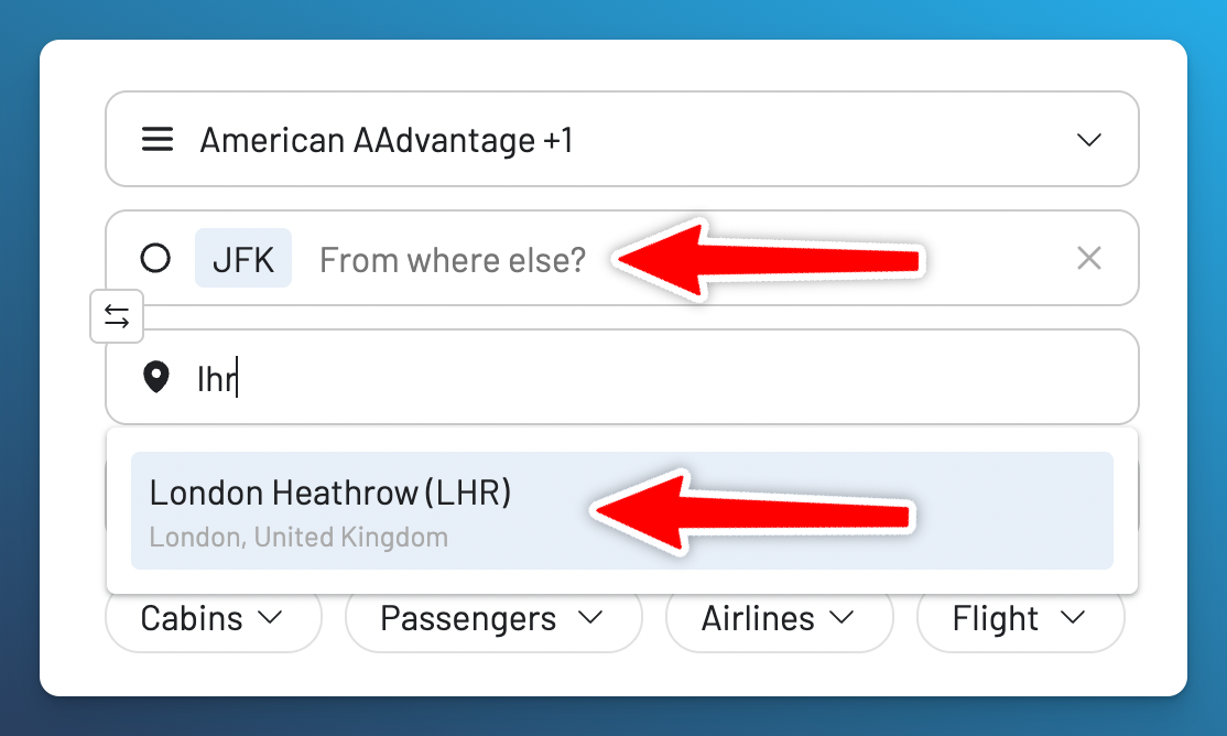 Enter JFK as the origin and London Heathrow as the destination for a Live Alert.