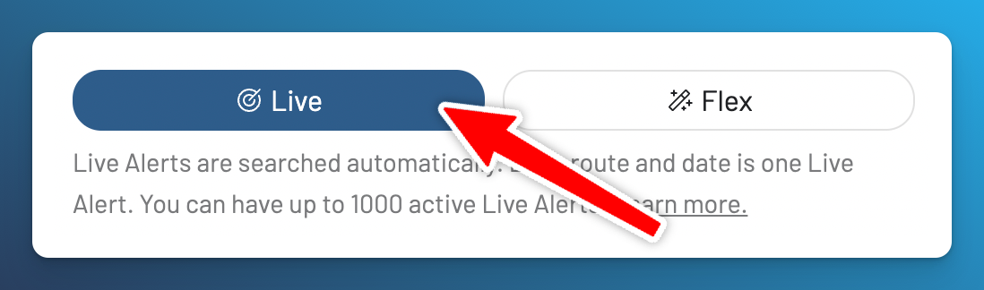 AwardFares alert editor showing the choice between a specific Live Alert and a broader Flex Alert