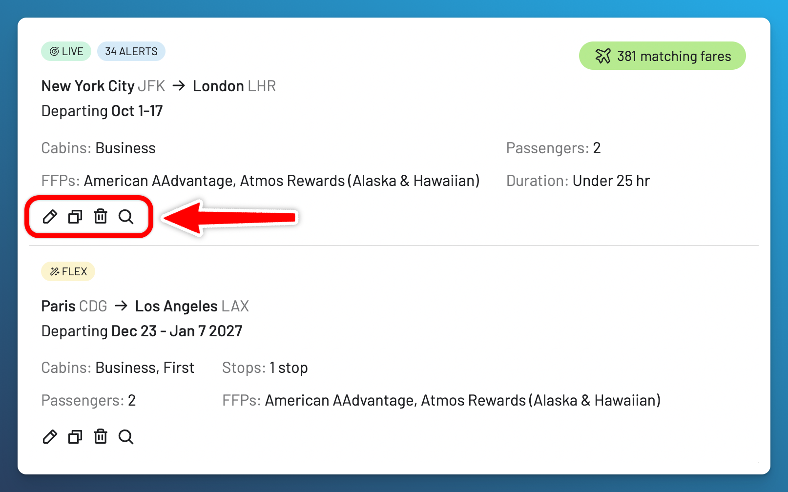 Edit, copy, remove, or search from an AwardFares alert.