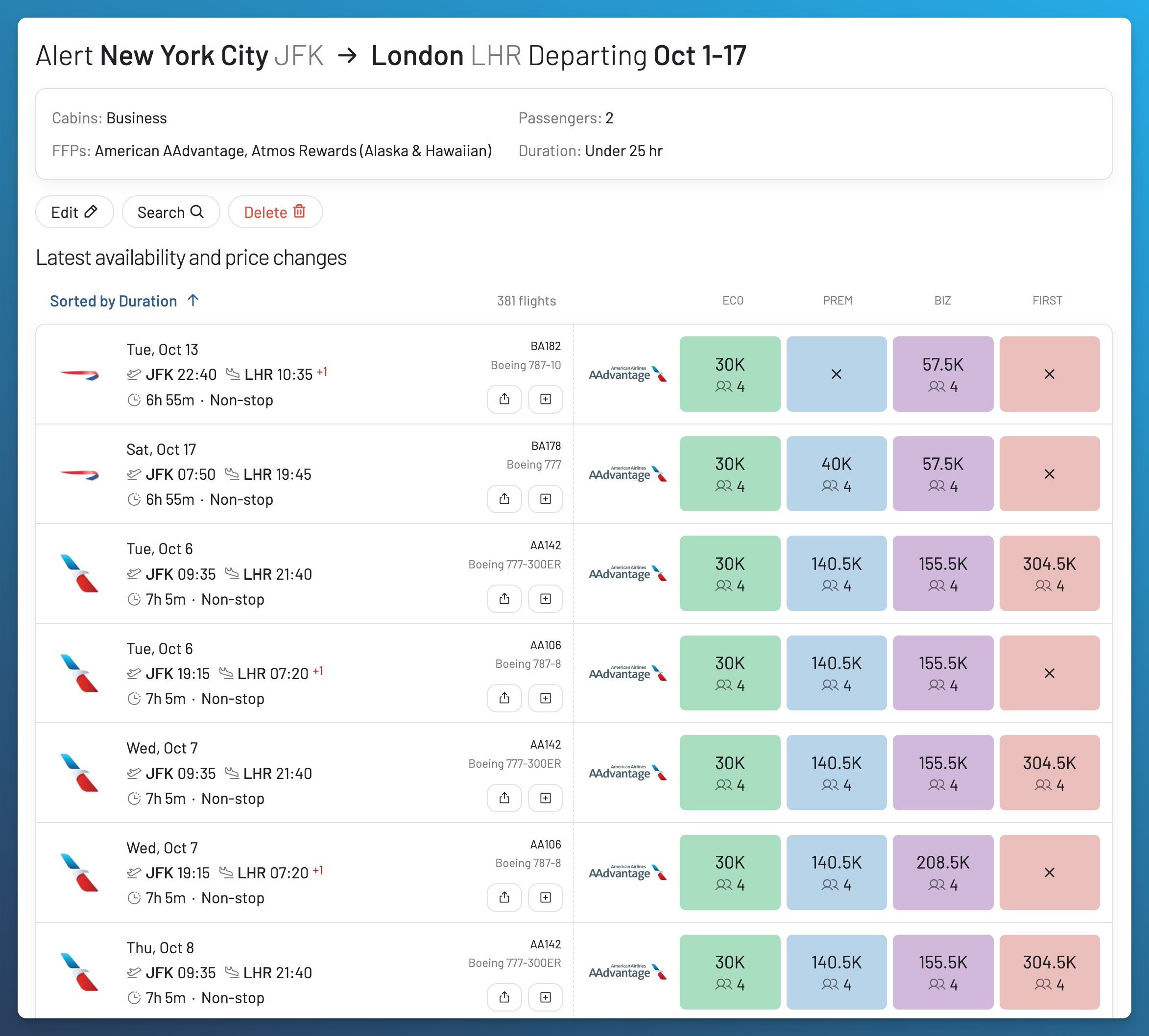 Flight results opened from Matching Fares.