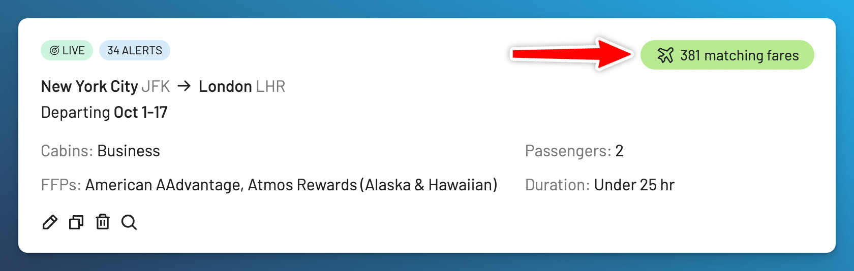 Matching Fares count for an award availability alert.