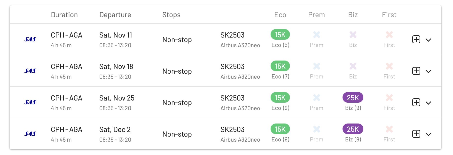 SAS Copenhagen to Agadir (AwardFares).