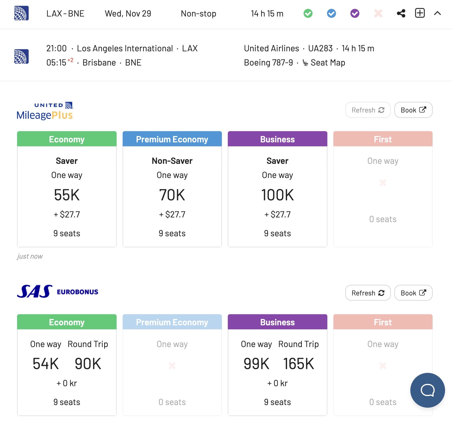 United Airlines Los Angeles to Brisbane (AwardFares).