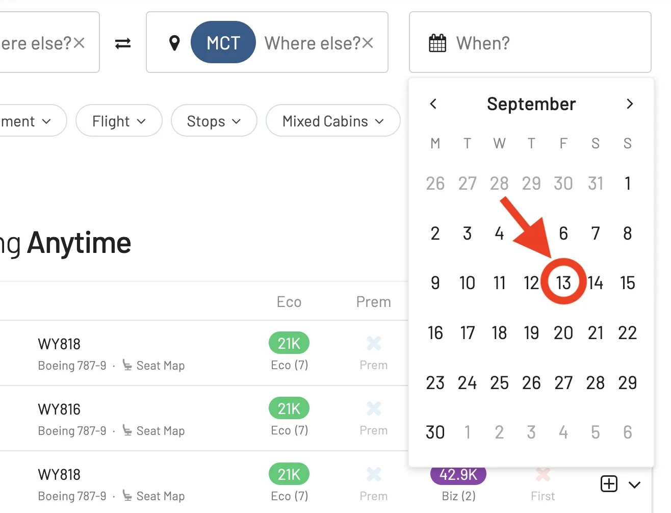 Select the desired date to find award flights.