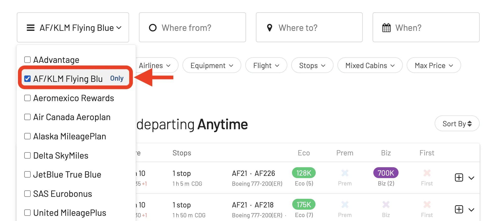 Select Flying Blue in AwardFares Frequent Flyer Program Picker.