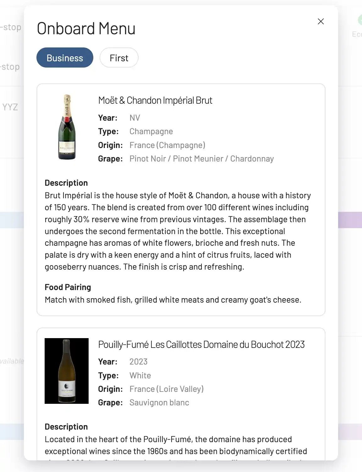 See onboard menu previews for Delta, Iberia, Emirates, and Singapore Airlines Business Class