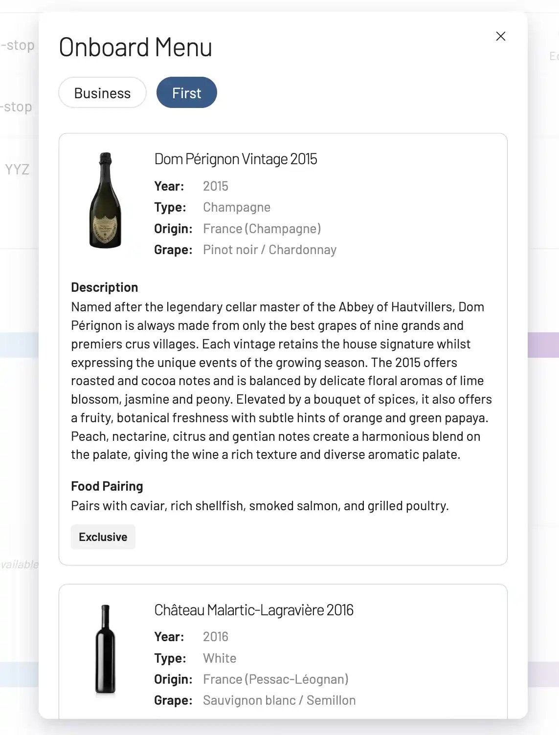 See onboard menu previews for Delta, Iberia, Emirates, and Singapore Airlines First Class