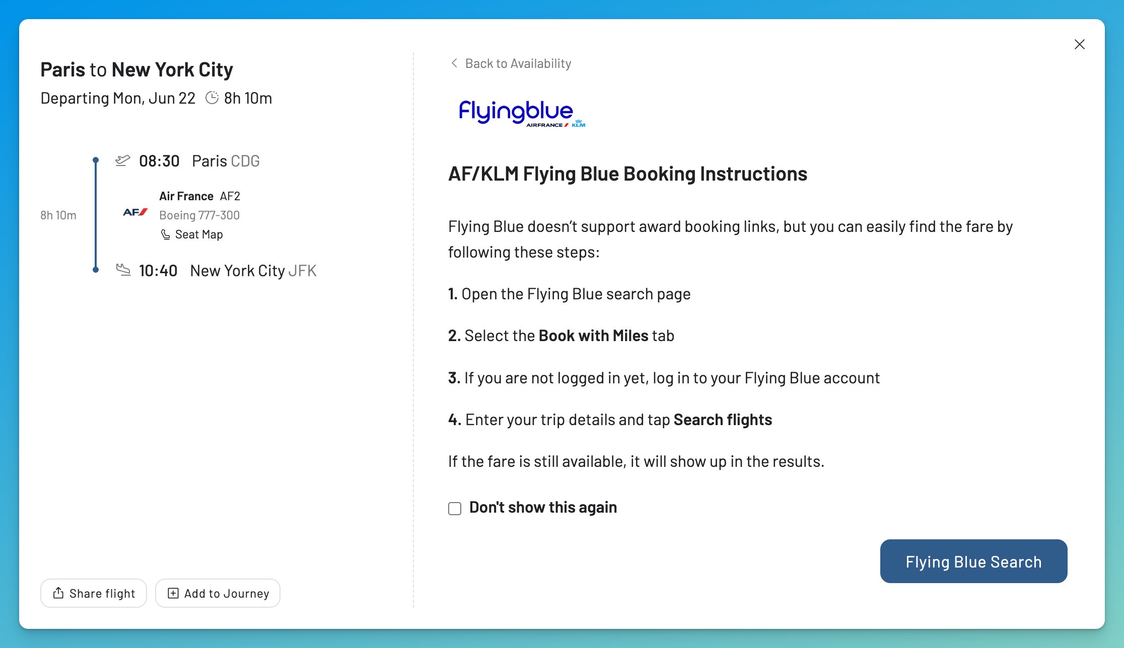 AwardFares step-by-step Air France-KLM Flying Blue booking instructions, shown because Flying Blue has no direct award booking link
