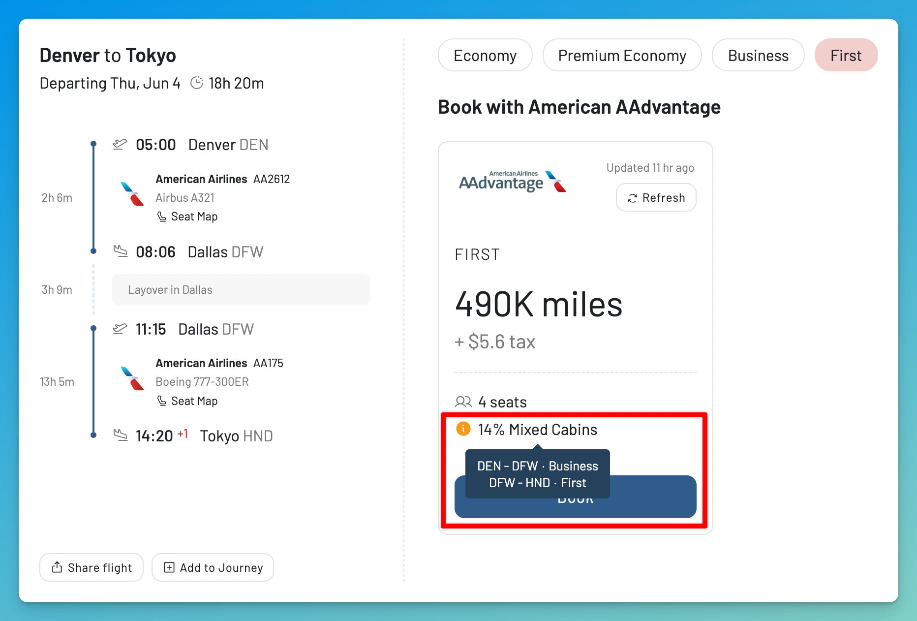 AwardFares search results labeling mixed-cabin awards with a