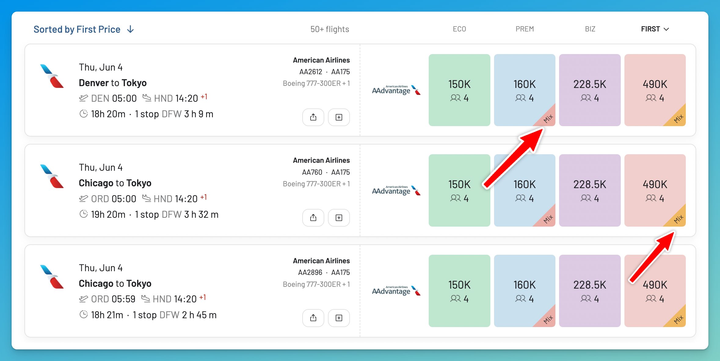 AwardFares flagging a mixed-cabin American AAdvantage First award from Denver to Tokyo: Denver to Dallas in Business, Dallas to Tokyo in First