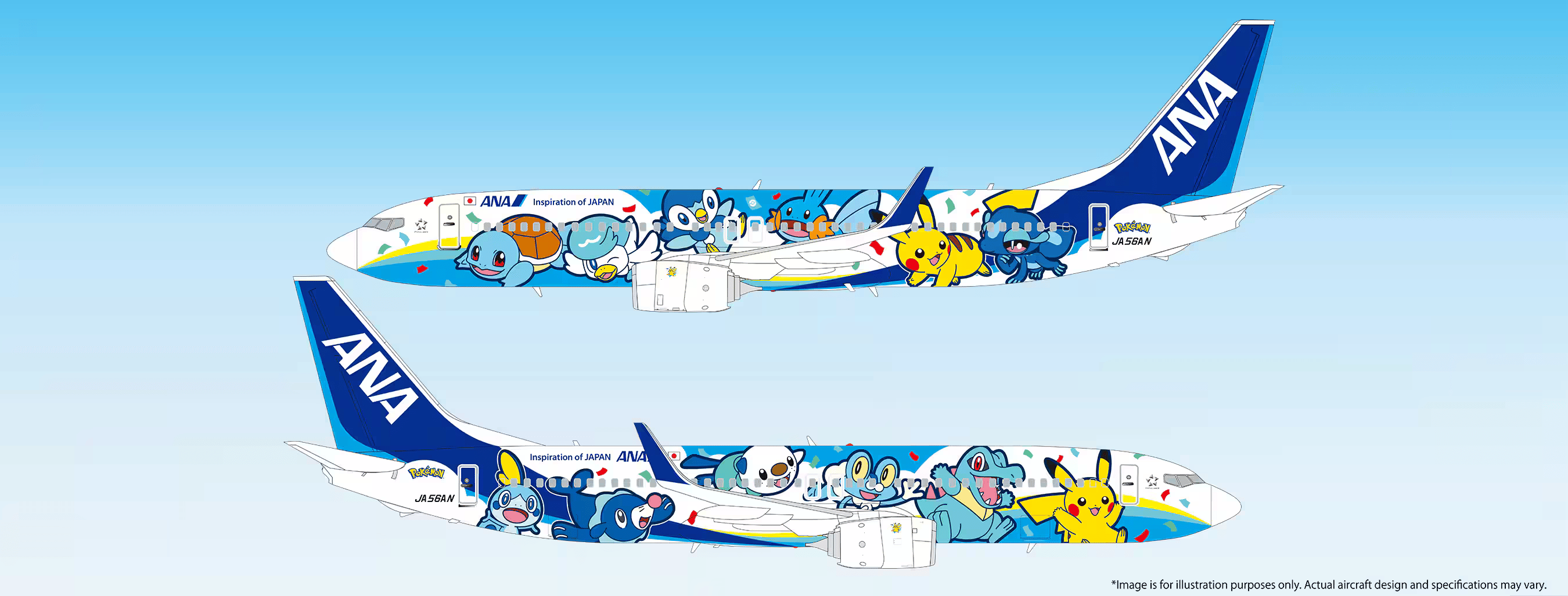 Both sides of ANA Blue Pokémon Jet, Boeing 737-800 registration JA56AN, featuring Water-type Pokémon.
