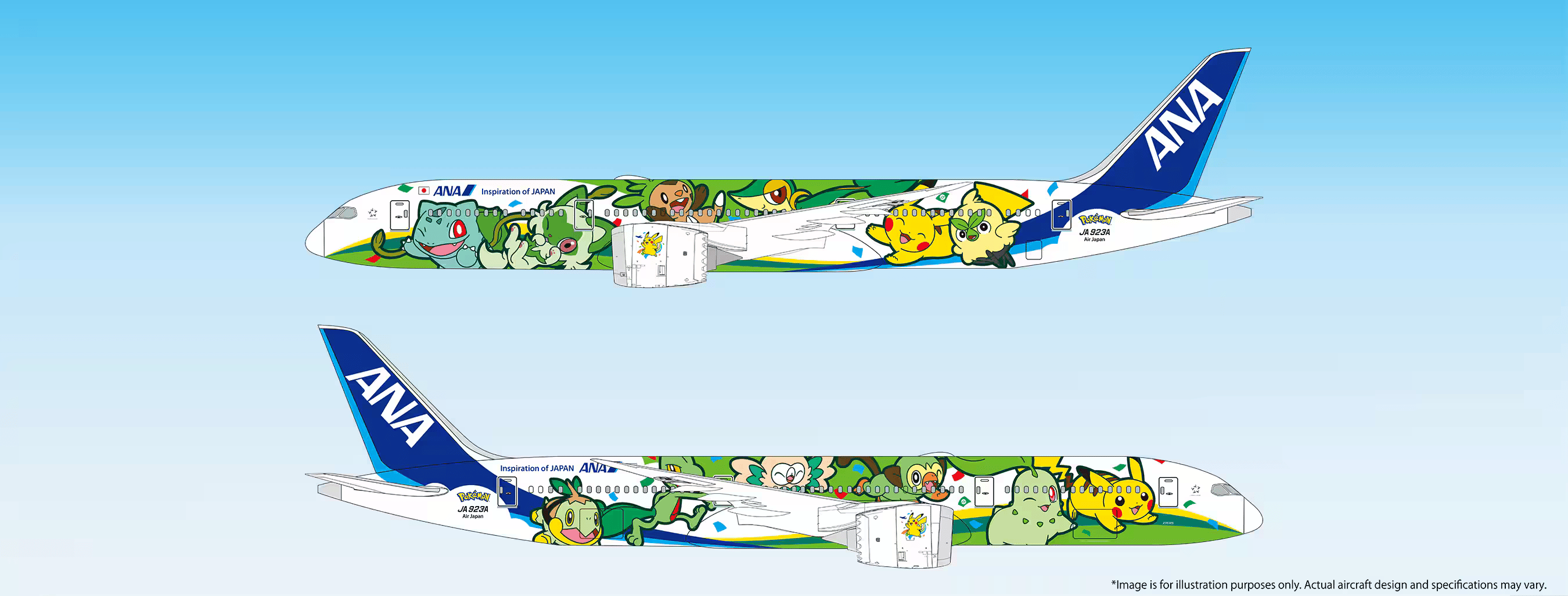 Both sides of ANA Green Pokémon Jet, Boeing 787-9 registration JA923A, featuring Grass-type Pokémon.
