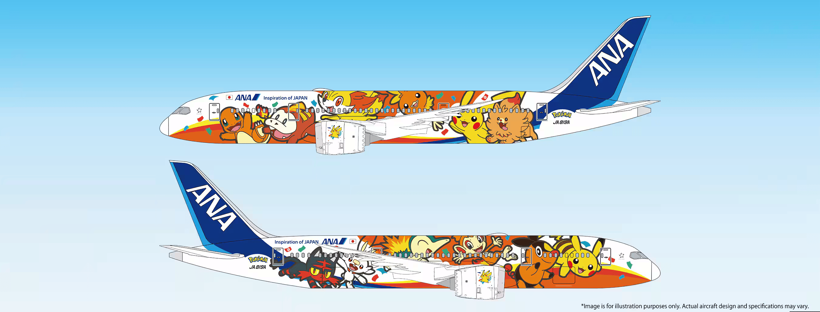 Both sides of ANA Red Pokémon Jet, Boeing 787-8 registration JA819A, featuring Fire-type Pokémon.