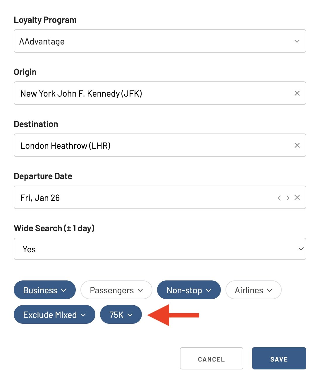 Setting a Price Alert on AwardFares