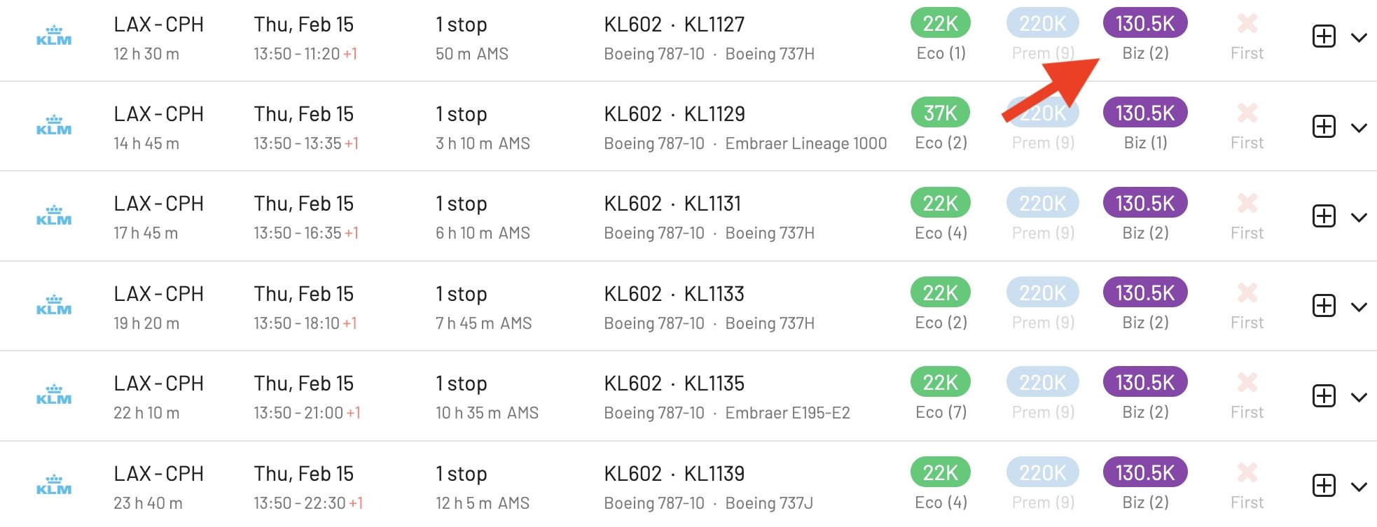 Award flights from Los Angeles to Europe using Flying Blue, maximum 135k miles (AwardFares)