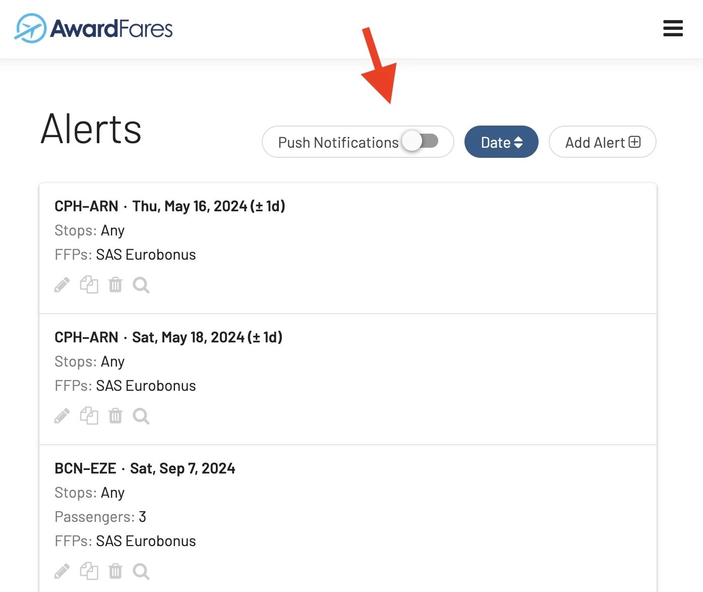 Cómo habilitar notificaciones push para vuelos de premio en escritorio (AwardFares).