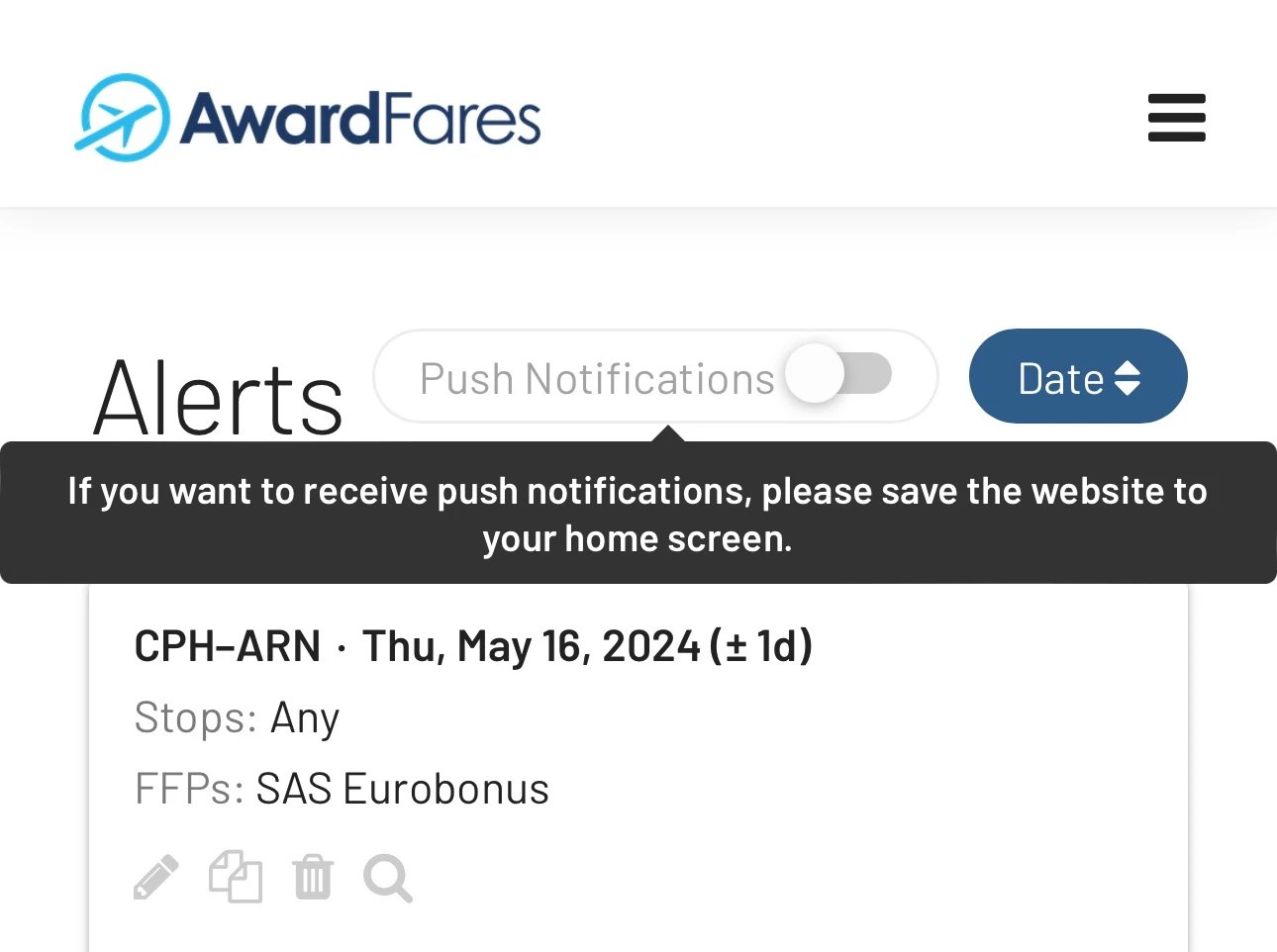 Cómo habilitar notificaciones push para vuelos de premio en móvil (AwardFares).