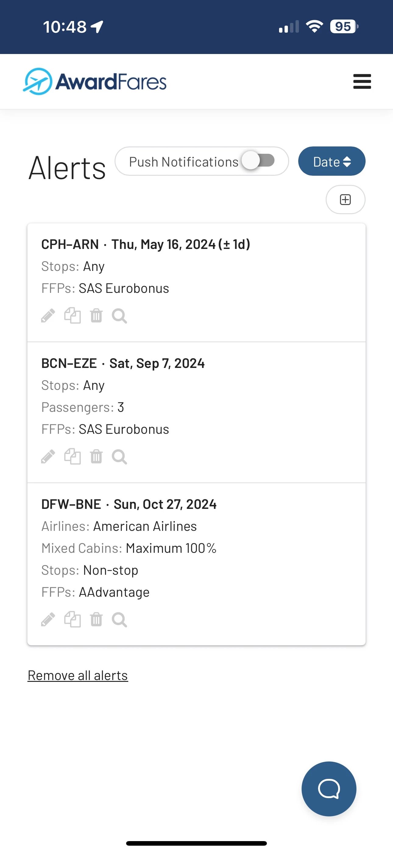 Cómo habilitar notificaciones push para vuelos de premio en móvil (AwardFares).