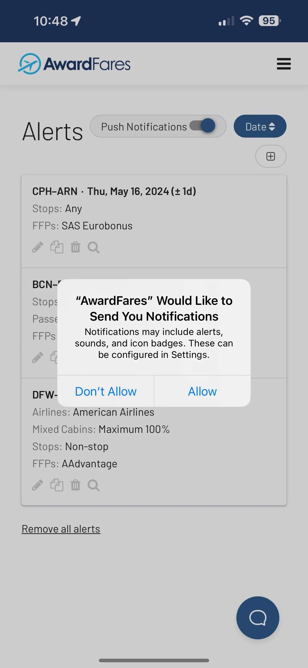 Cómo habilitar notificaciones push para vuelos de premio en móvil (AwardFares).