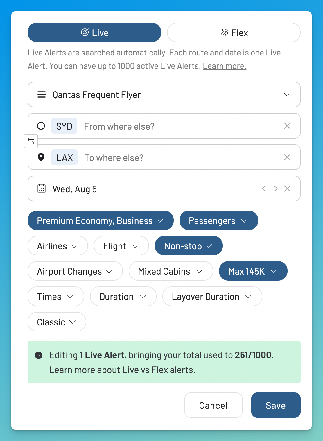 Set an Alerts for a Qantas awar flight on AwardFares.