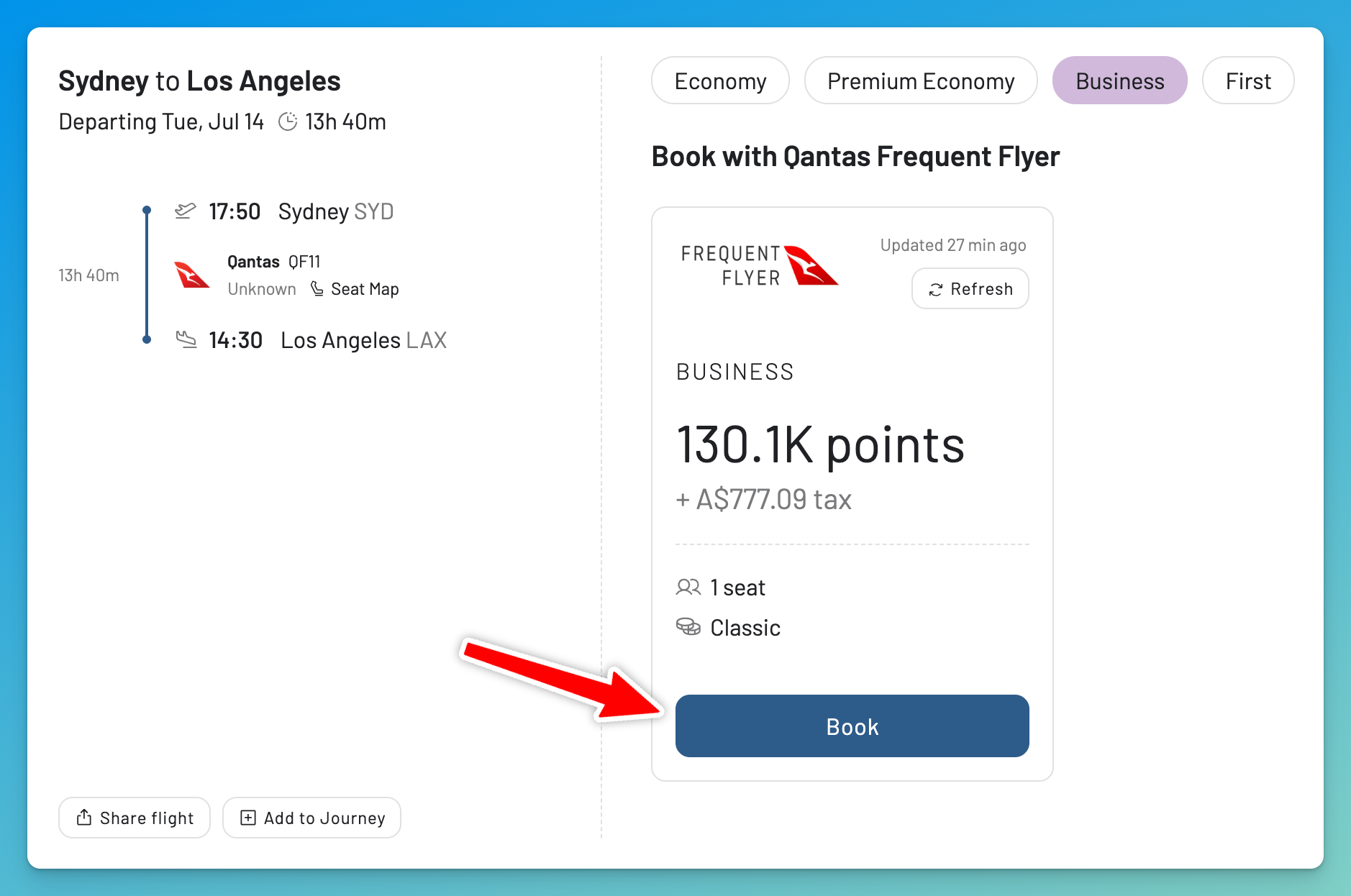 The Book button in AwardFares linking out to the Qantas website.