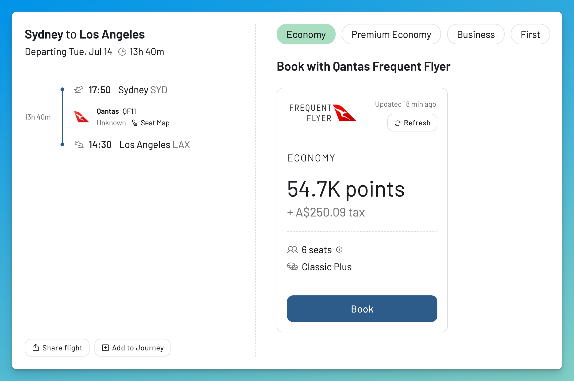 Expanded flight details for a Qantas award flight in AwardFares.