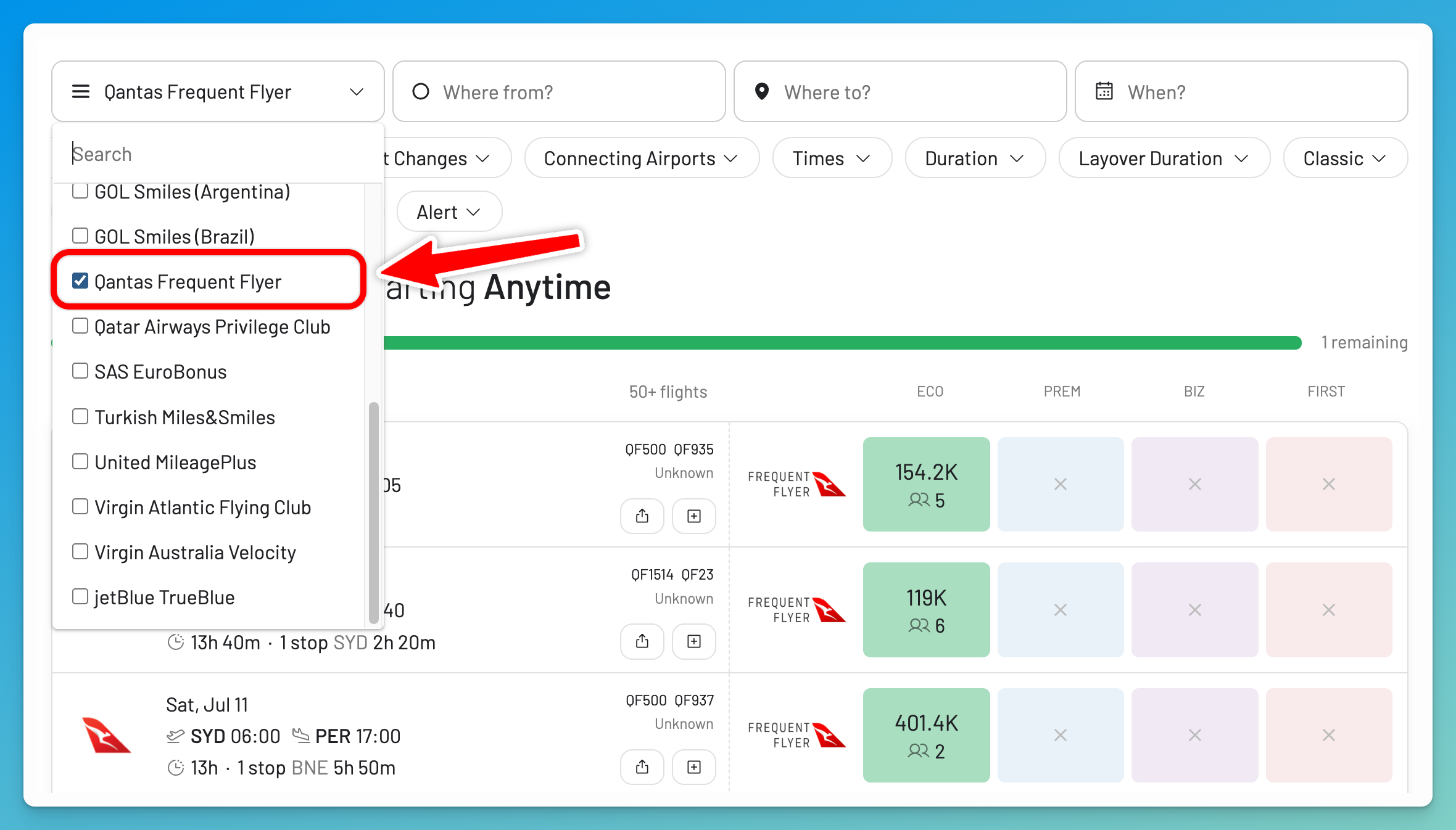 Selecting Qantas Frequent Flyer in the AwardFares program picker.