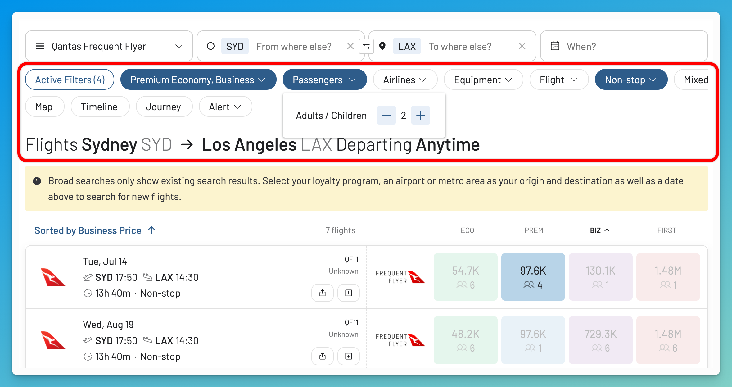 Advanced filters for Qantas award searches in AwardFares, including cabin, airline, and stops.