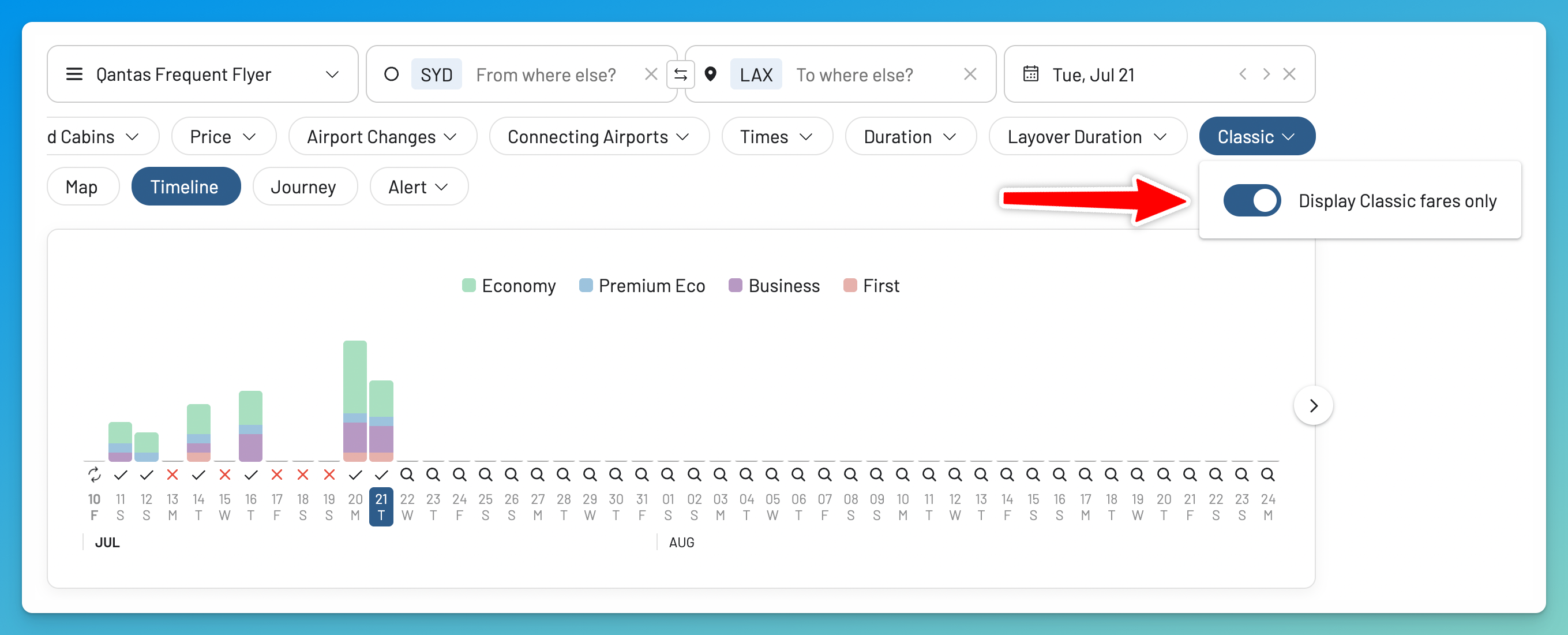 Filtering Qantas Classic Rewards with the Saver pill in AwardFares.