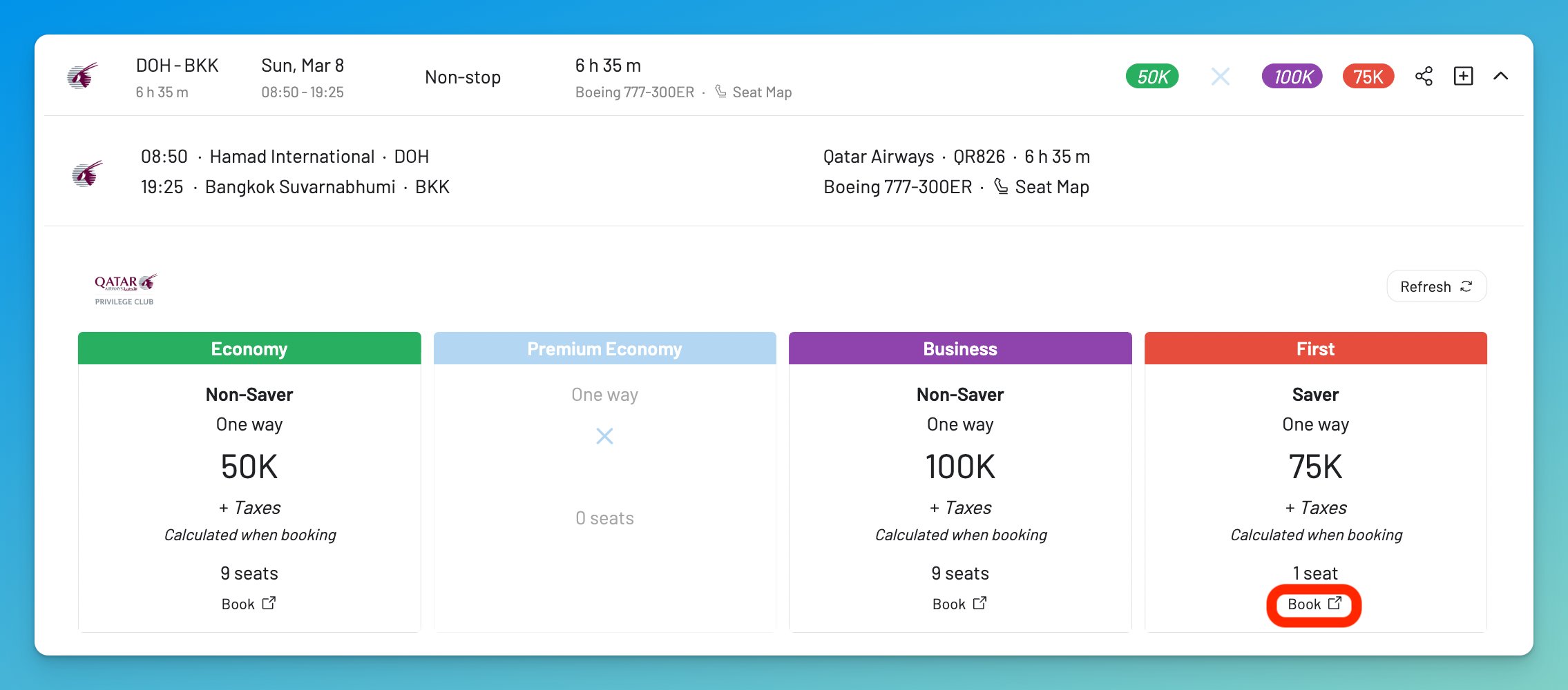 Click Book in AwardFares to complete your reservation on Qatar Airways.
