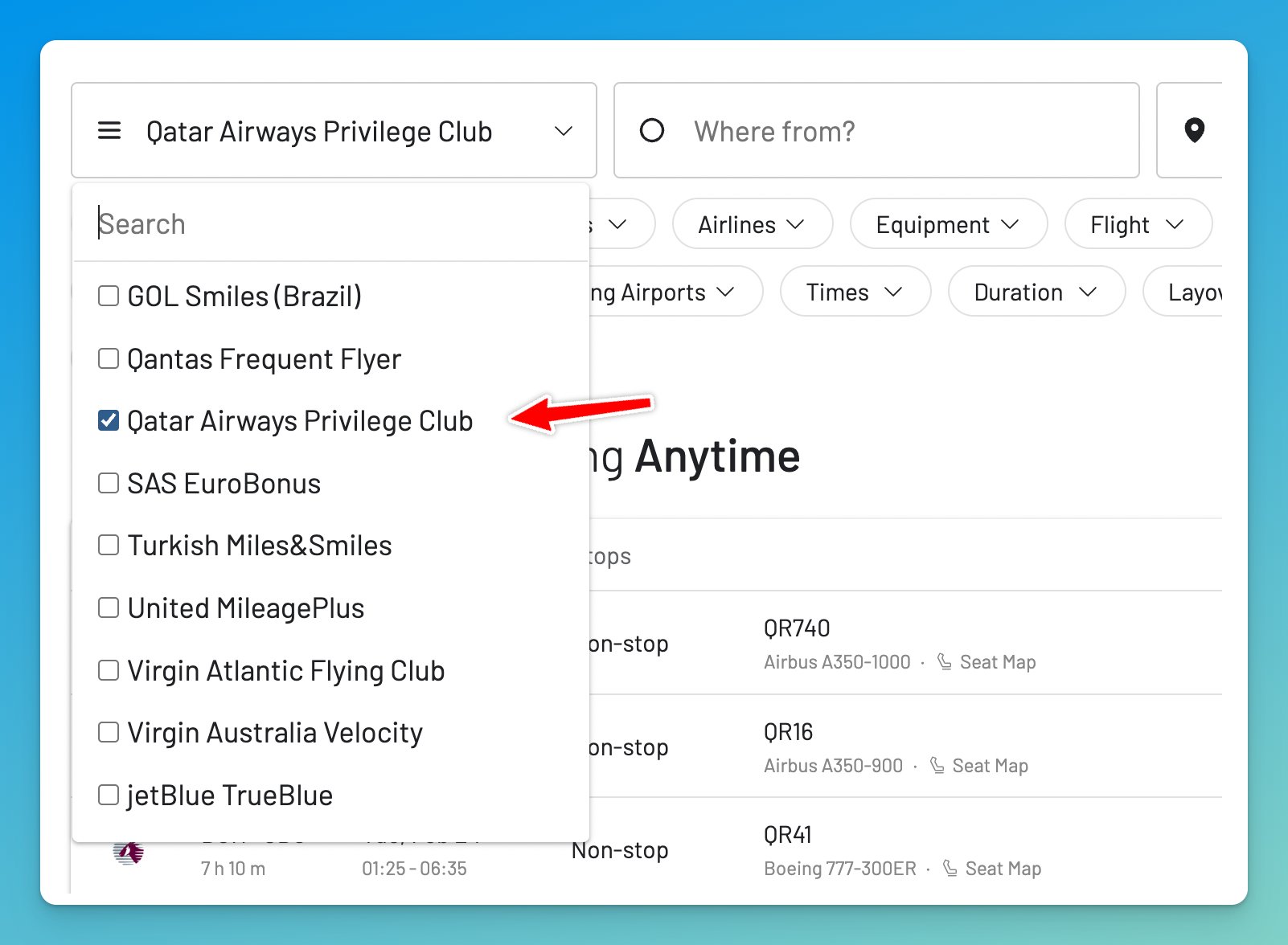 Select Qatar Airways Privilege Club in the AwardFares Frequent Flyer Program picker.