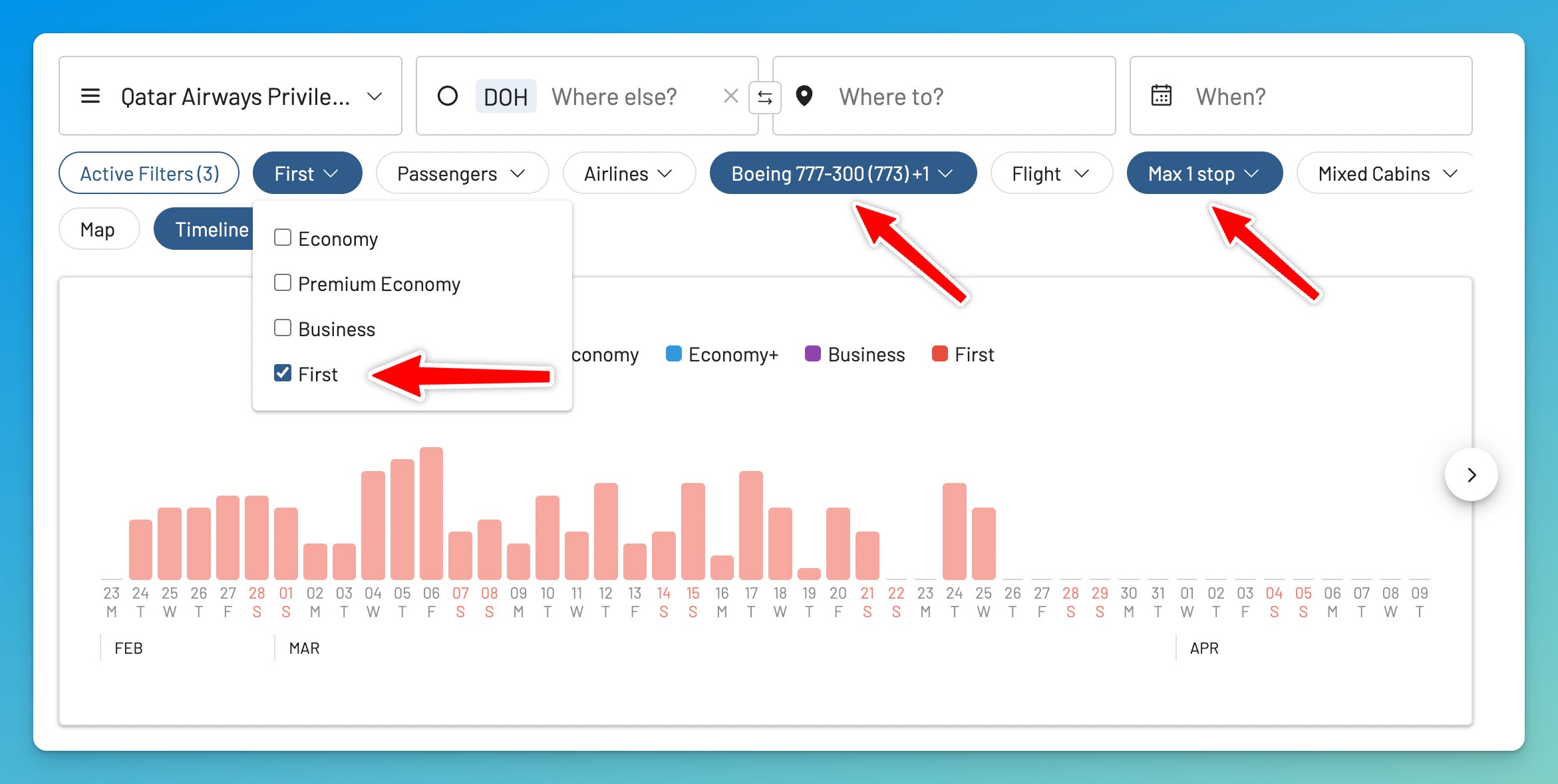 AwardFares filters for cabin class, airline, stops, and price.