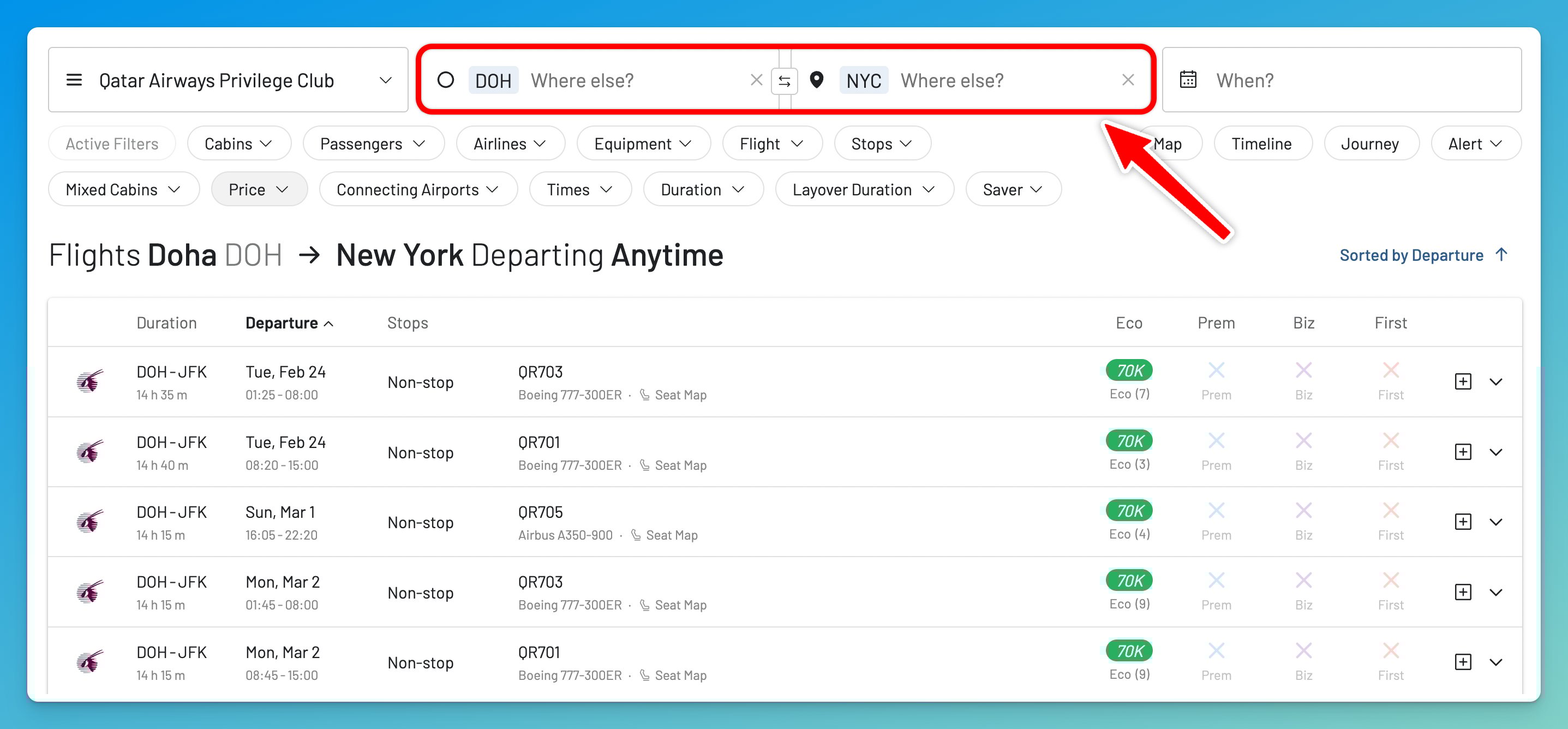 Enter your origin and destination airports in AwardFares.