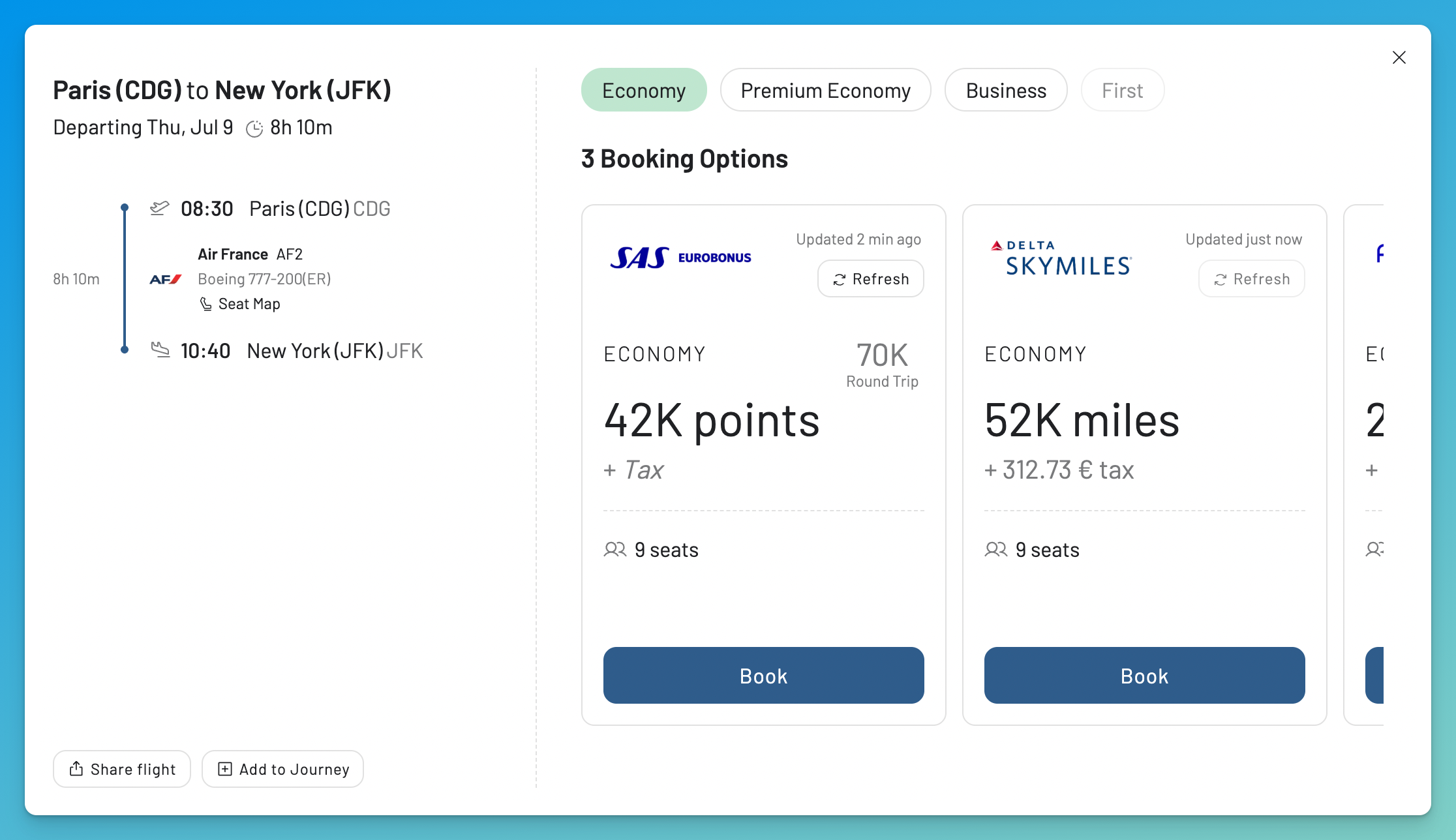 The redesigned AwardFares flight details view with a journey timeline on the left and booking options from Flying Blue and Delta SkyMiles on the right