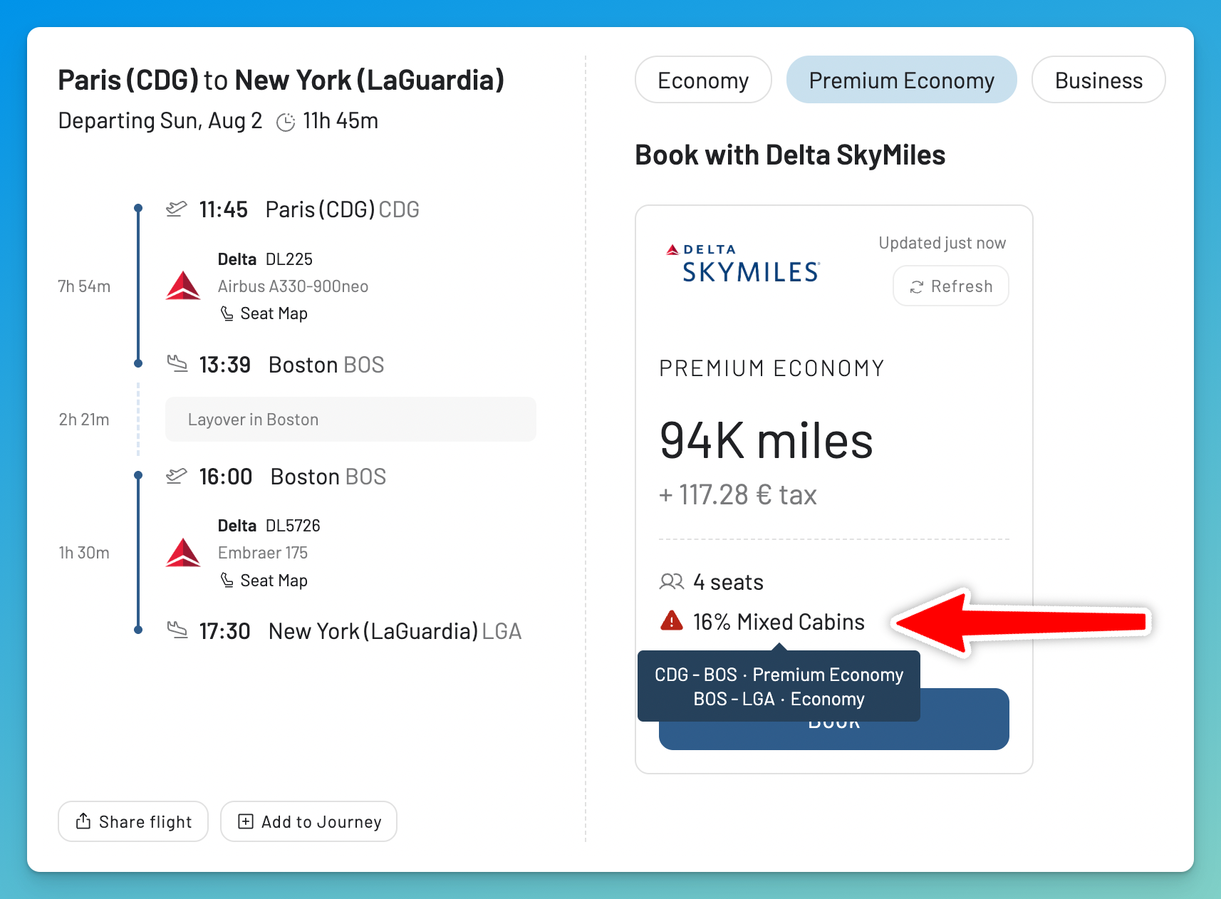 The AwardFares flight details view showing a 