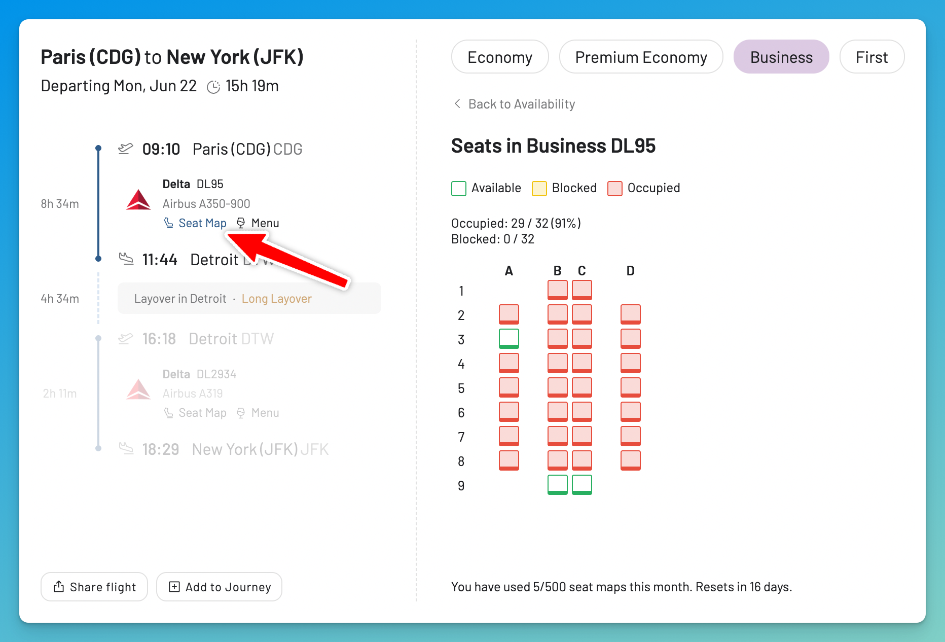 The AwardFares flight details view showing a Delta business class seat map with available, blocked, and occupied seats, opened from the segment